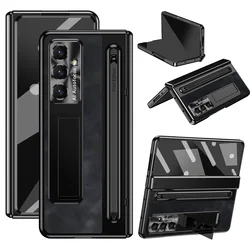Luxury Dark Retro PU Leather Phone Case with Pen Slot, Hinge Protection & Kickstand - Galaxy Z Fold4 (Black)