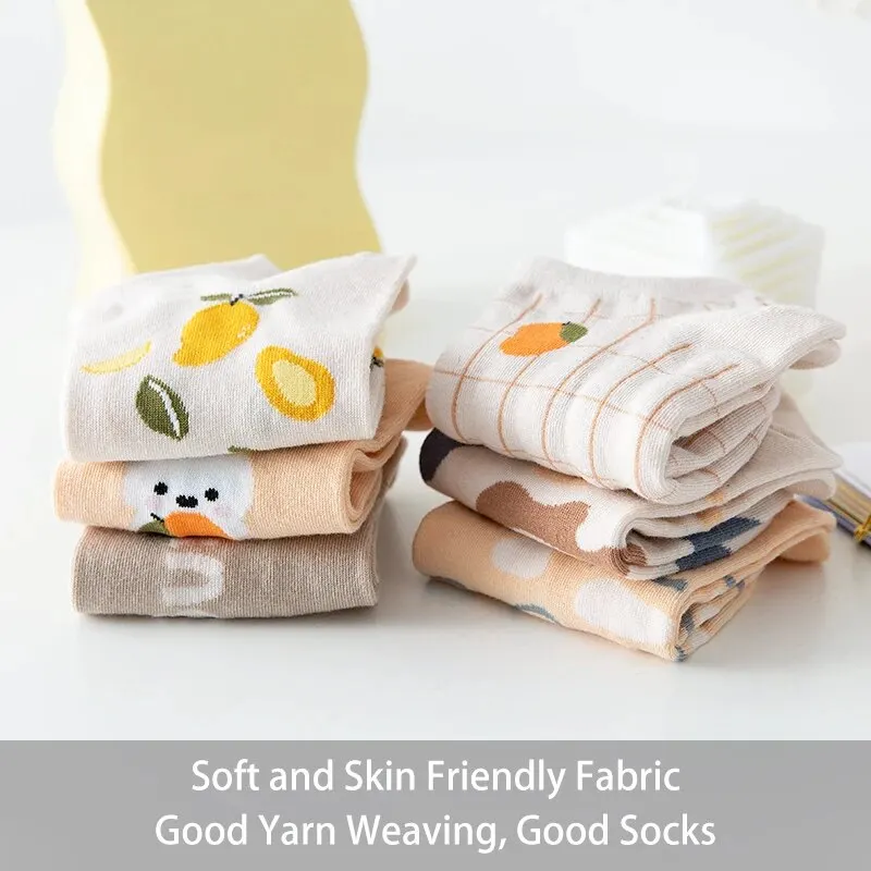 6 Pairs of Women's Spring and Summer Four Seasons Cotton Lemon Rabbit Letter Fashionable Sweet Cute Comfortable Low Socks 4