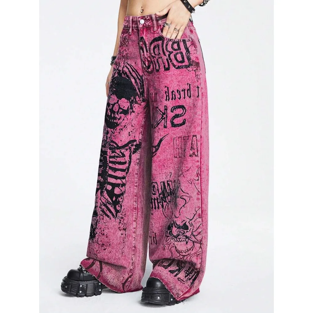 Pink Y2K Grunge Baggy Jeans Vintage Gothic Graffiti Skull Print 3D Lettering High Waist Wide Leg Pants Punk Fashion Streetwear