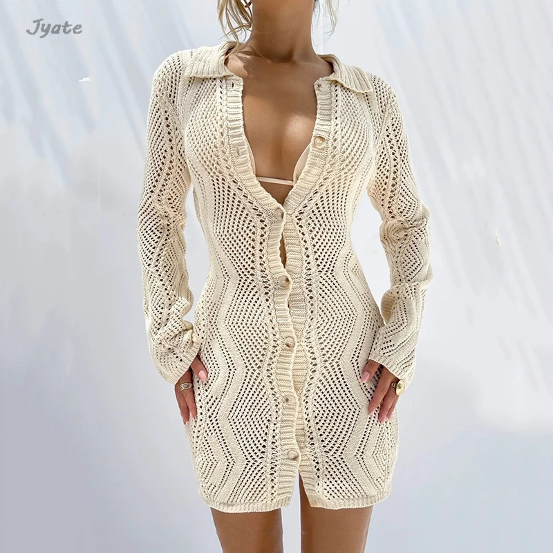 

Fashion Single Breasted Short Women Dress Hollow Out Sheer Sexy Beach Dress Long Sleeve Tight Vacation Vestidos Robes 2024 New