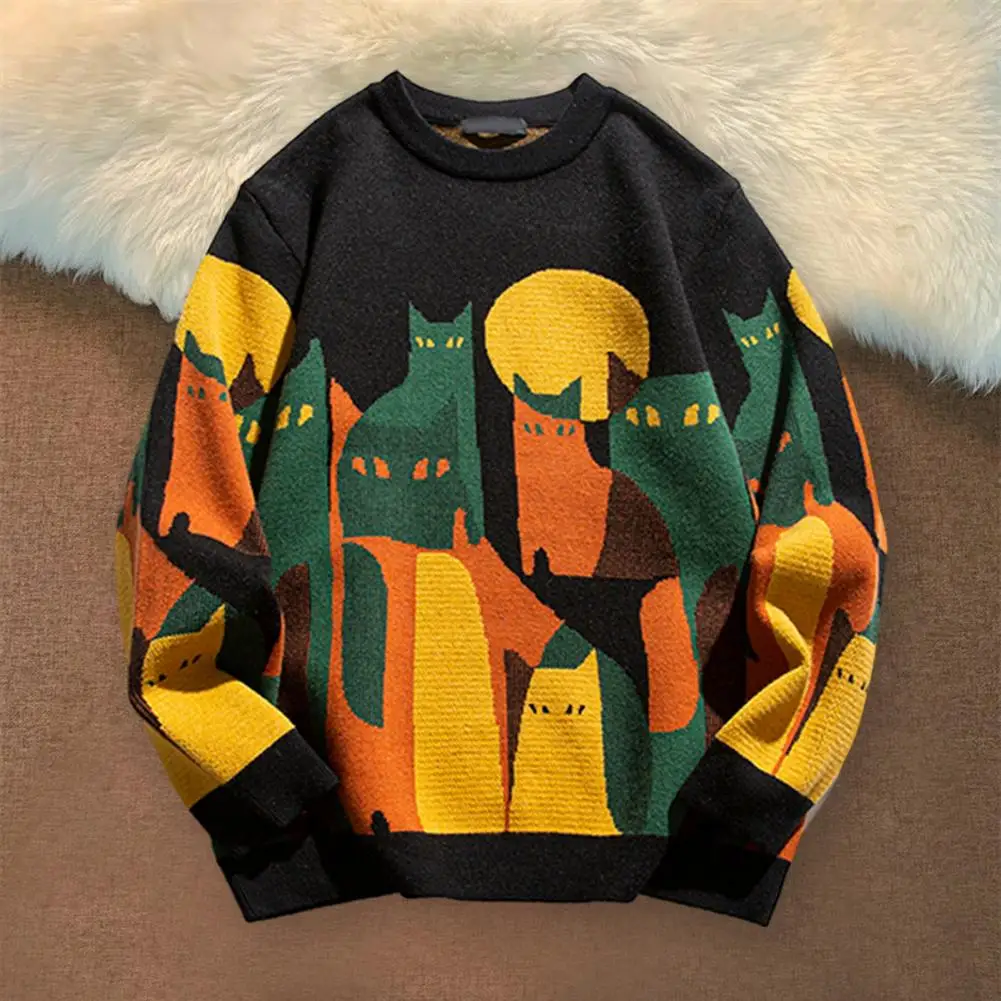 

Men Sweater Lightweight Crew Neck Sweater Cozy Cat Print Sweater for Men Thick Knitted Warm Pullover with Round Neck Unisex Mid