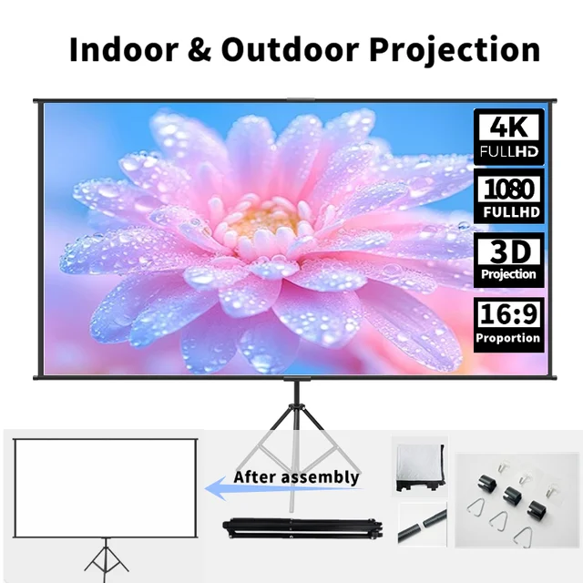 Projector screen with single bracket-4K HD 16:9 indoor/outdoor used for theater/office backyard party theater screen 84-120inch