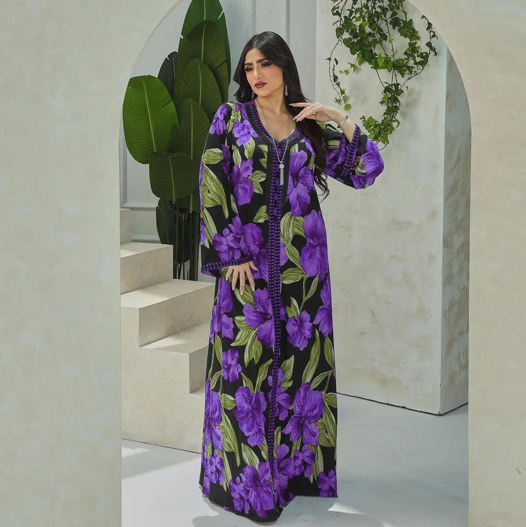 Dresses For Women 2023 Muslim Ethnic Floral Print New Abaya Diamonds Long Sleeve Maxi Dress Djellaba Marocaine