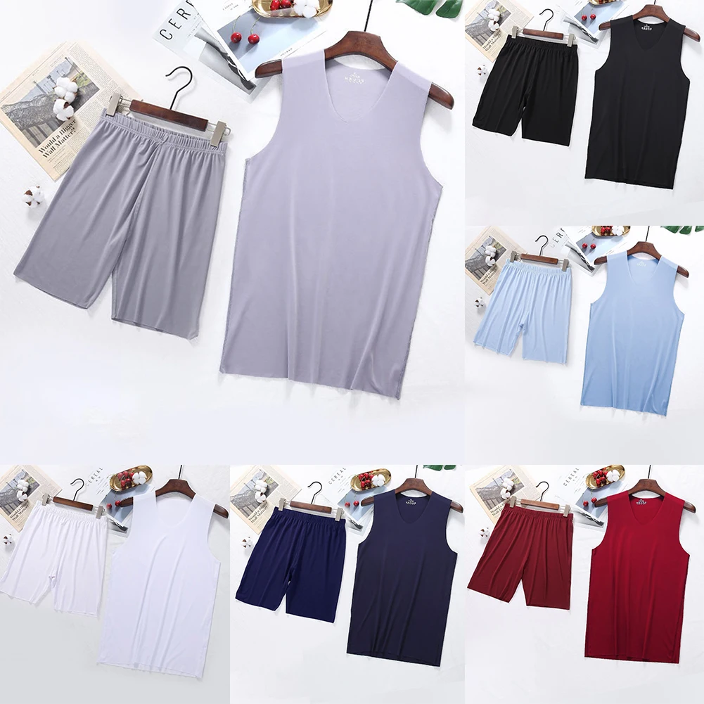 

Summer Men Ice Silk Tank Tops+boxer Shorts Sleepwear Set Man Sleeveless Vest V-Neck T-shirts Soft Smooth Pajamas Silky Underwear