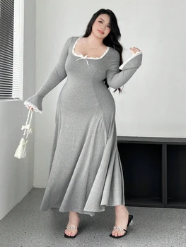 plus Size Women's U-Neck Knit Dress Solid Color Long Sleeve Casual Elegant Long Dress Polyester Material