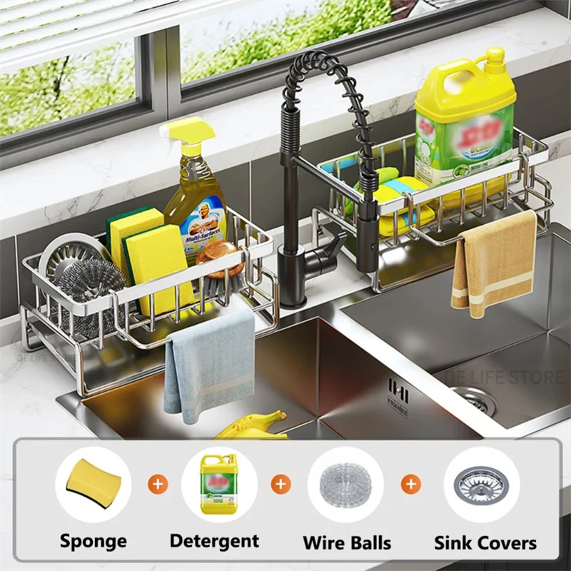 

Self-draining Sink Shelf Stainless Steel Kitchen Sink Drain Rack Soap Sponge Holder Kitchen Sink Organizer Kitchen Holder
