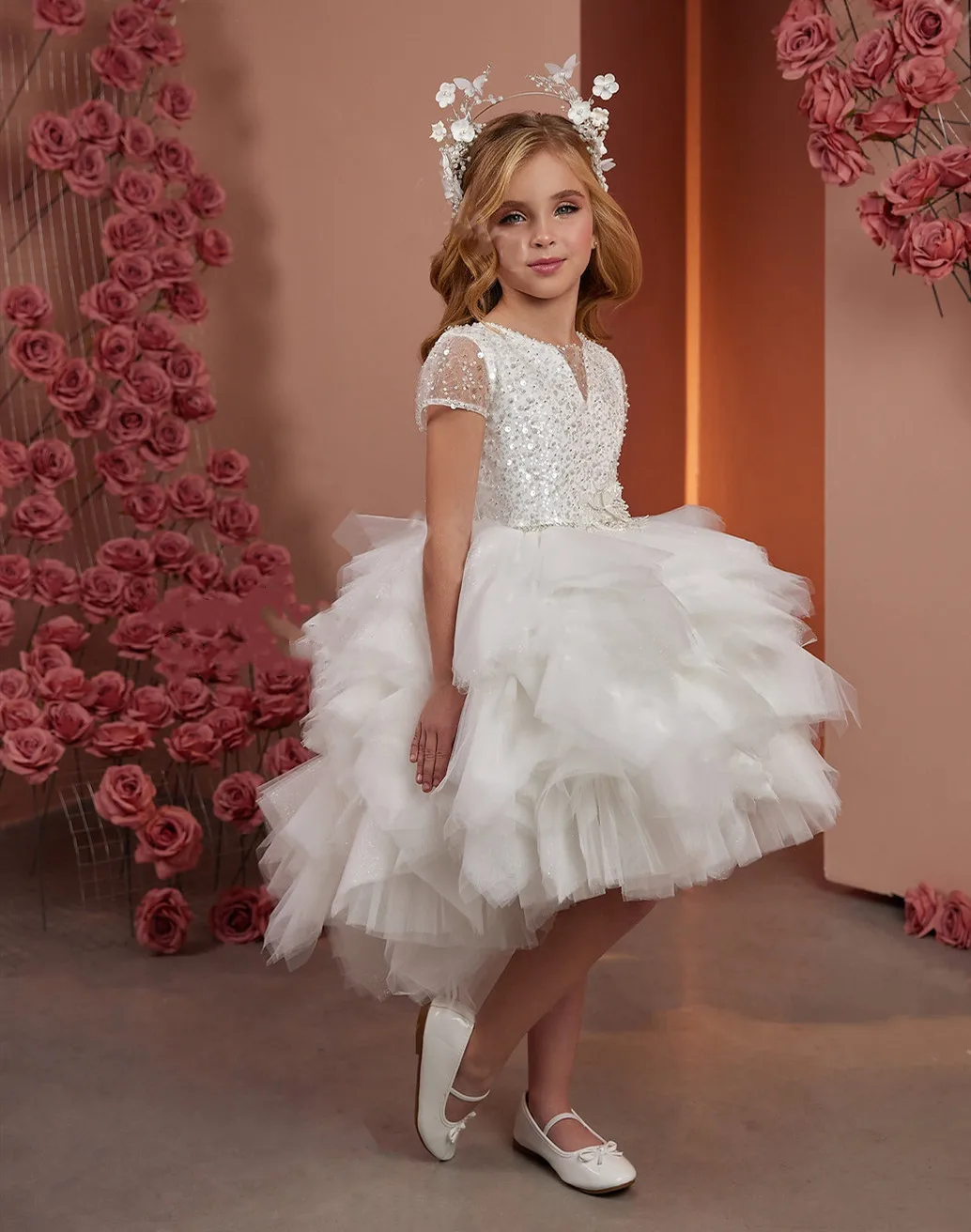 

Ivory Tulle Puffy Flower Girl Dresses For Wedding Glitter Sequined Children Birthday Party Pageant Ball Gowns Layered Dresses