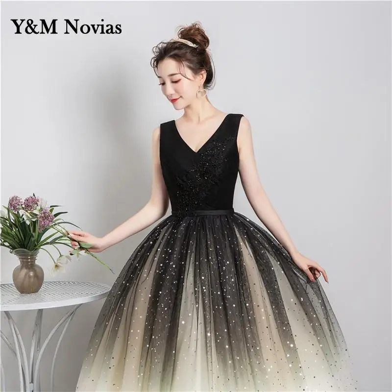 Quinceanera Dresses Black Matching V-Neck With Sleeve Formal Performance Sequins Ball Gown