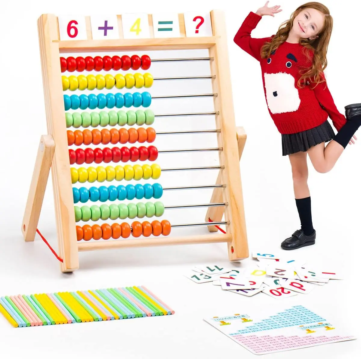 Wooden Abacus for Kids math toys teaching aids toys Math 10-Row Counting Toys With Counting Sticks Number Alphabet Card Multicolor Beads Learning Toys