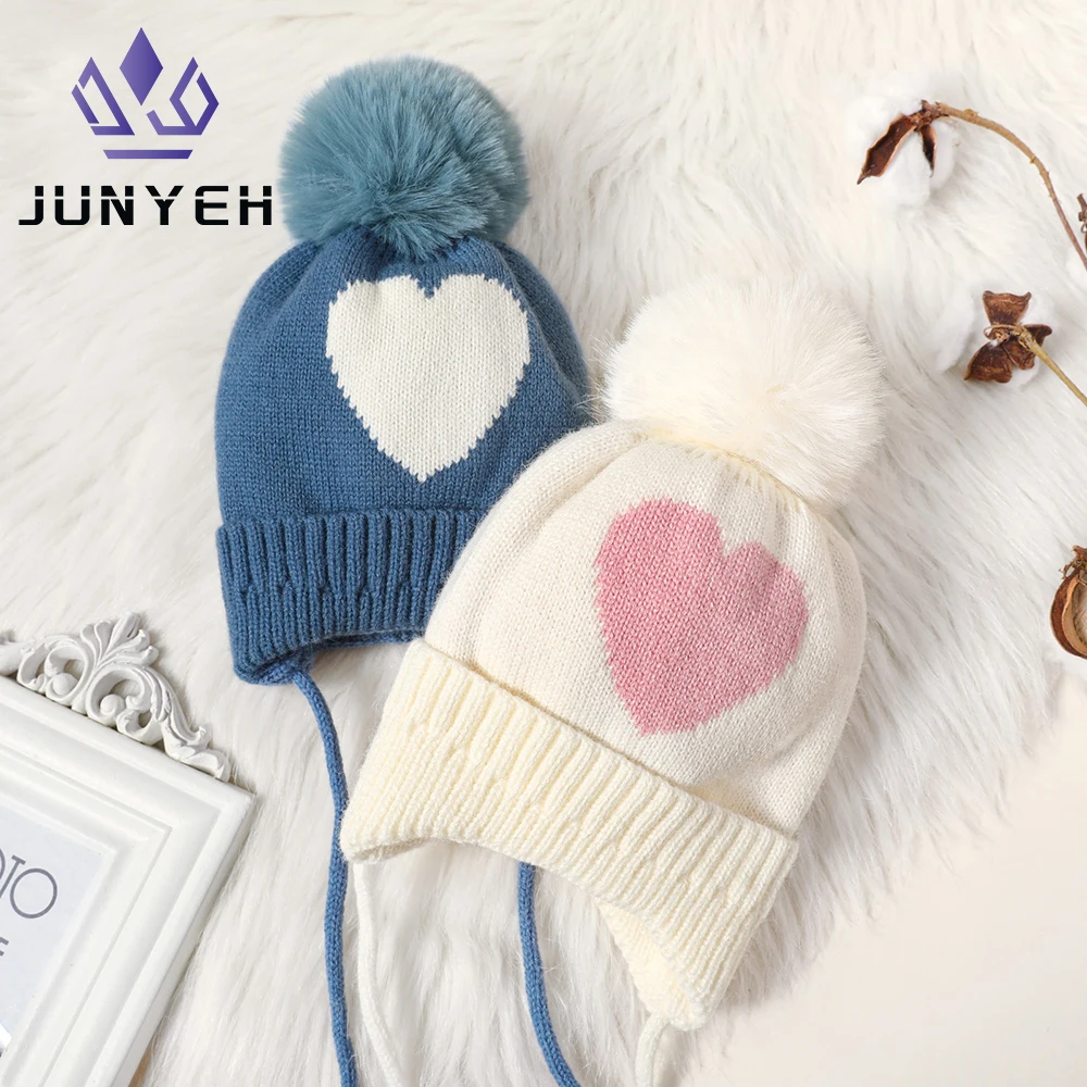 

Kids Caps Infant Ball Love Knitted Beanies Baby Girls Boys Hats Ear Protection Velvet Warm Children's Hat For Kids 1-5 Years