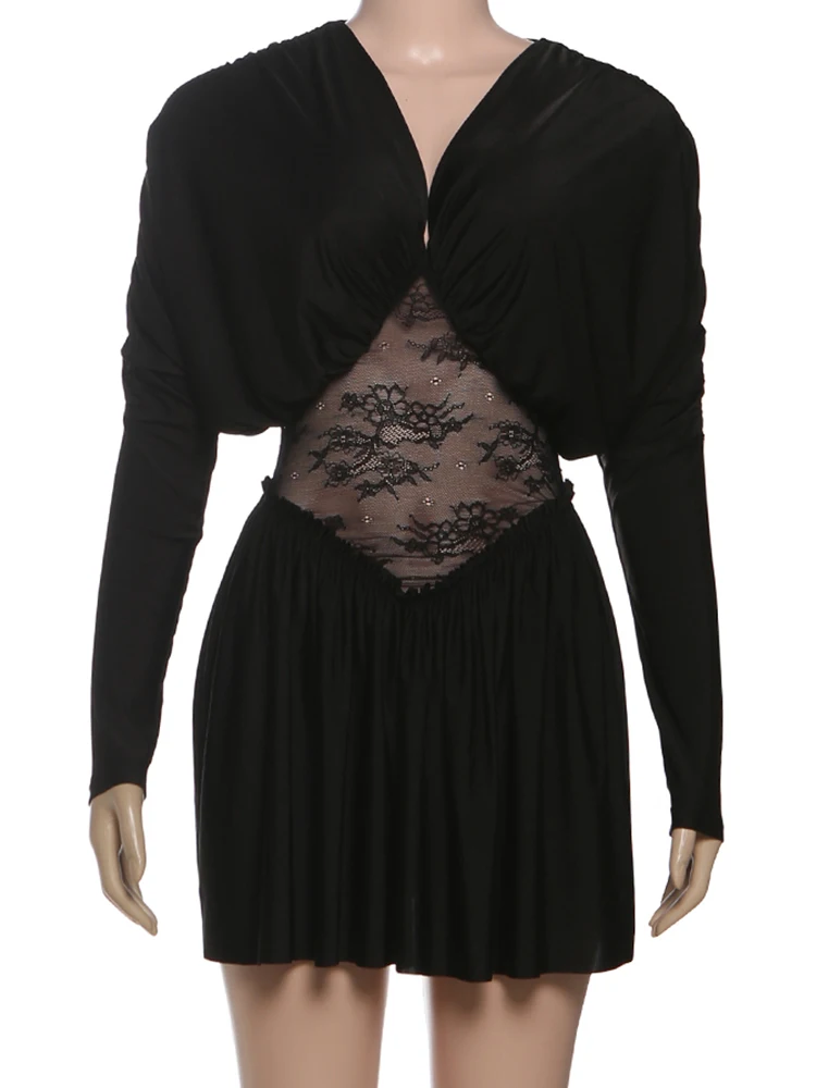 Nibber Elegant Mesh Patchwork Mini Dress Woman Autumn Trend V-Neck Full Sleeve Hot Girls Midnight Birthday Party Ruched Bodycon