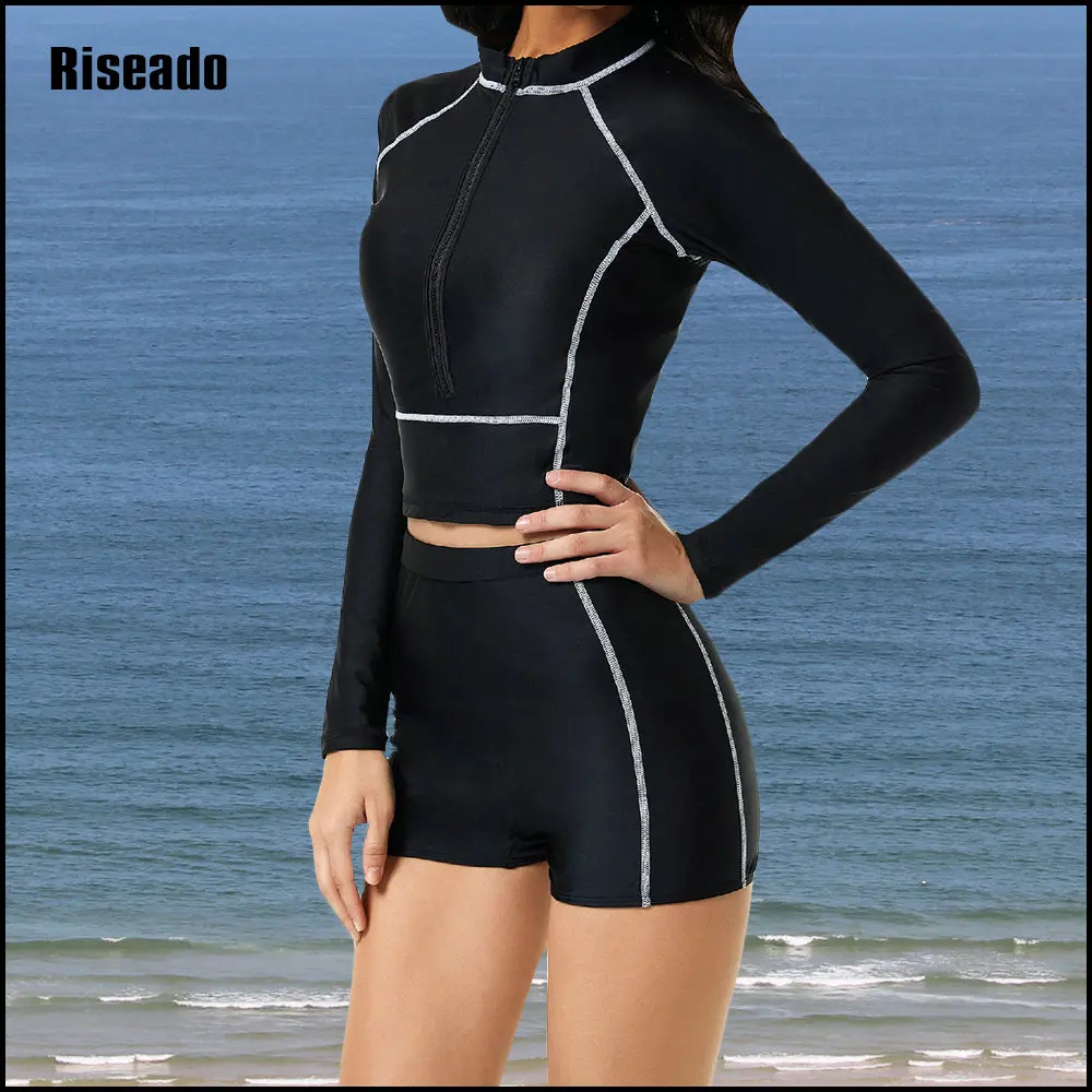 

Women's UPF 50+ Long Sleeve Rash Guard Swim Shirts Two Piece Beachwear Tankini Sets Swimsuit with Boyshorts