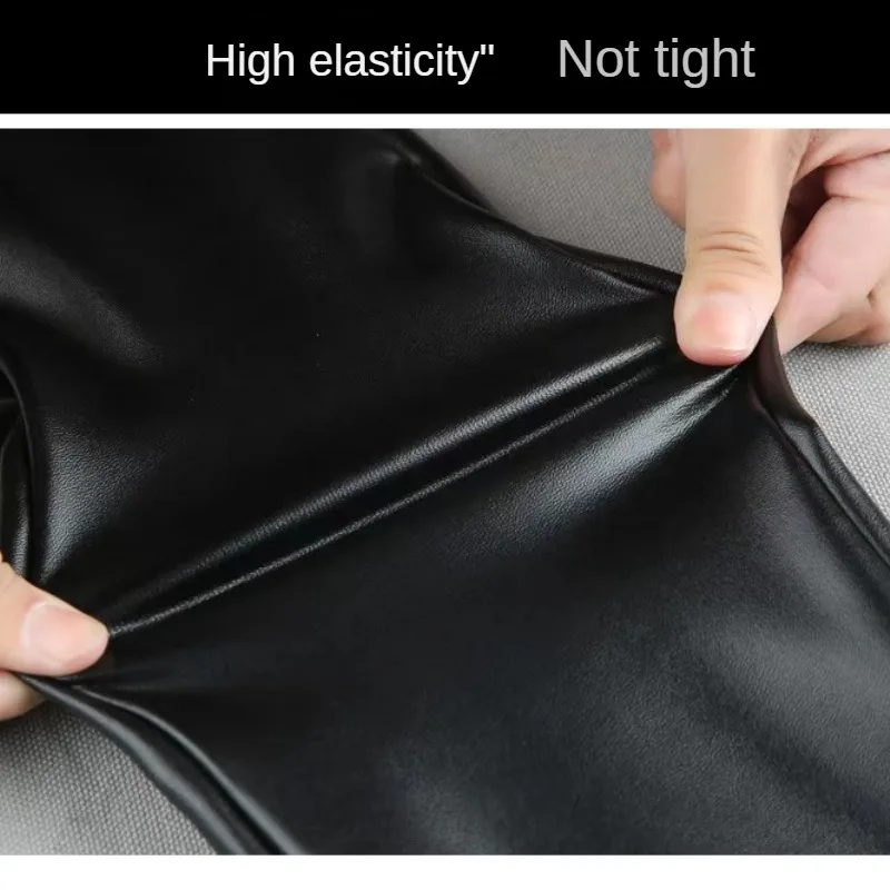 Cashmere PU Leather Pants Women's Autumn/Winter 2024 Thickened and Fleece High-Waisted Slim Fit Tight Warm Pants Leggings Black - Image 6