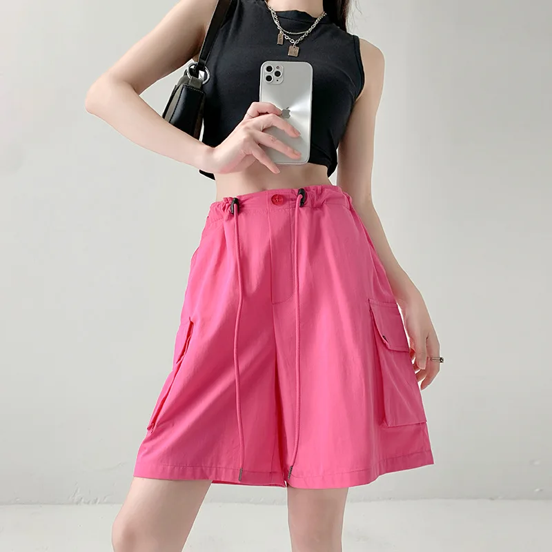 Female Summer Loose Straight Tooling Casual Hot Girl Wide Leg Sports Biker Shorts Women  Pure Cotton Washed Ultra-slim