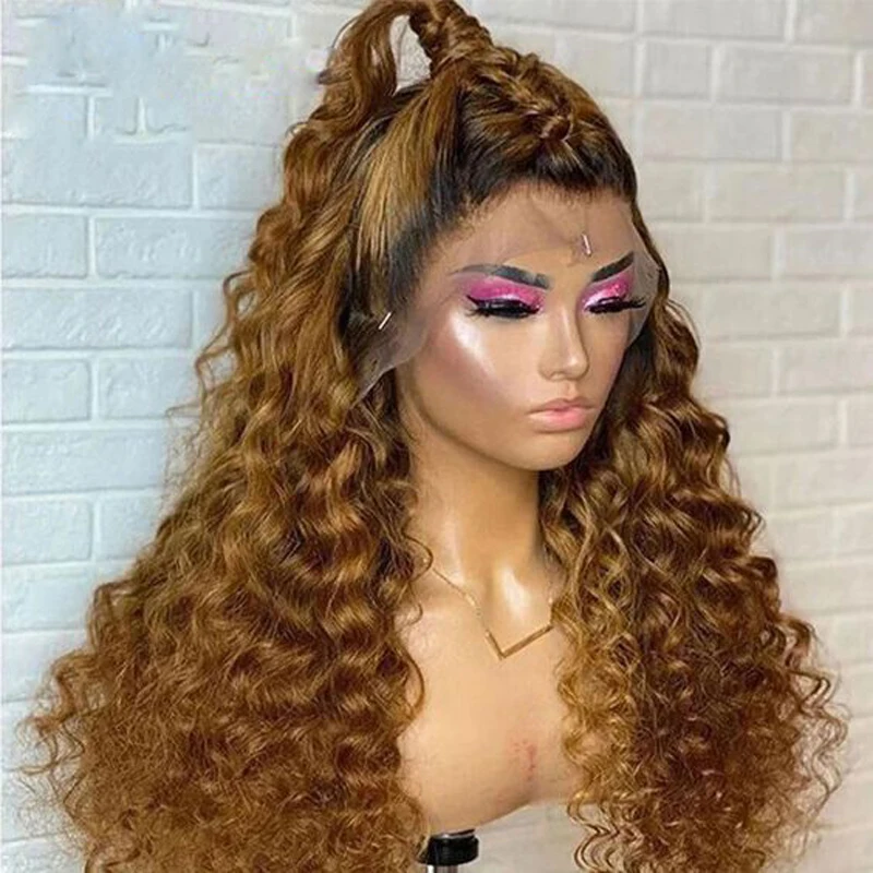 

Soft Long 26Inches 180% Density Glueless Preplucked Ombre Blonde Kinky Curly Lace Front Wig For Black Women With BabyHair Daily