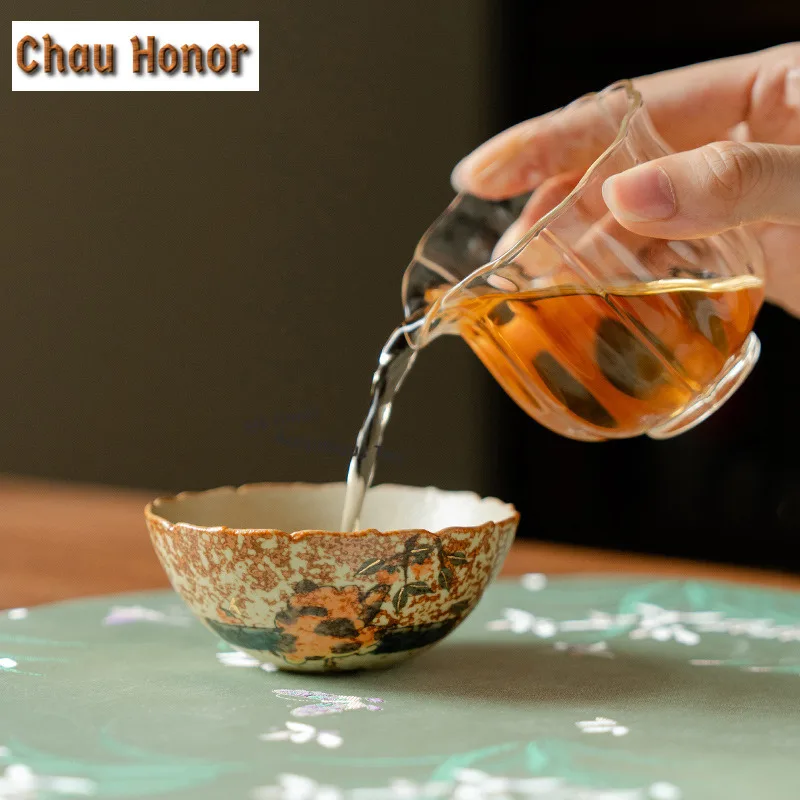 100ml Hand-drawn Orange Cat Teacup Creative Tea Bowl Water Jug Tea-tasting Fragrance Cup Chazhan Master Cups Tea Ceremony Gift