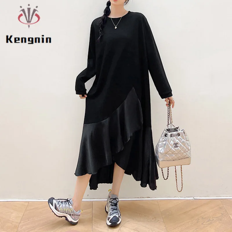 

Autumn Winter Women's Plus Size Loose Pachwork Lady Vestidos Female Robe Long Sleeve T-Shirt Hoodies Pullovers Colthes KE3638