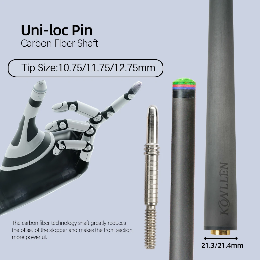 KONLLEN-Carbon Fiber Shaft, Uniloc Joint Cue, Billiard Stick, Single Shaft, 10.5mm, 11.75mm, 12.75mm, 74cm, 3/8*8 Radial Pin