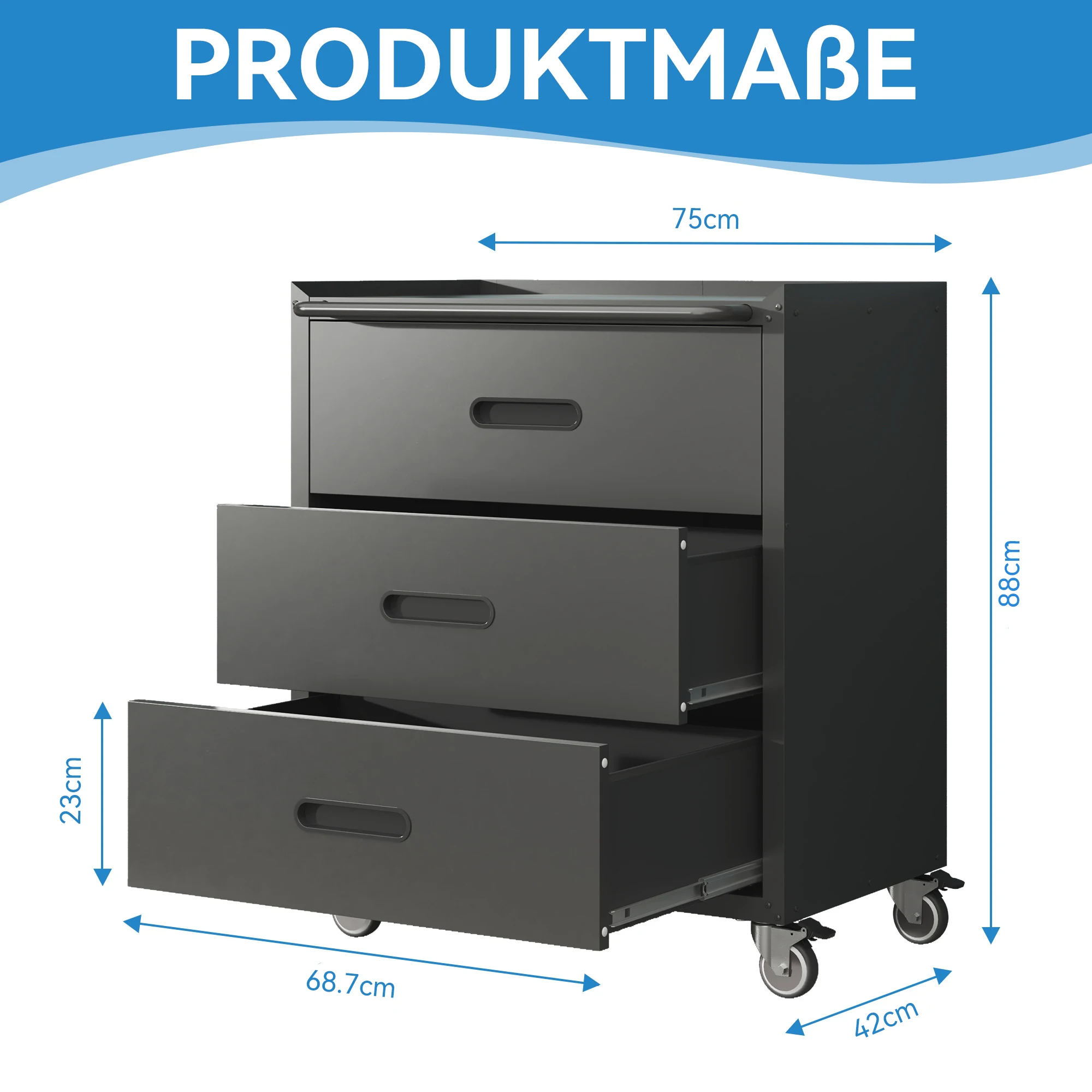 Hochwertiger rollender Werkzeugschrank aus Metall – 3 Schubladen, 75 × 42 × 88 cm, schwarz/grau, für Garage, Büro und Haushalt. – Detail 3