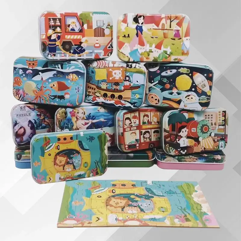60 Piece Iron Box Anime Puzzle Children's Cartoon Wooden Puzzle Toy Kindergarten Early Education Puzzle Toy