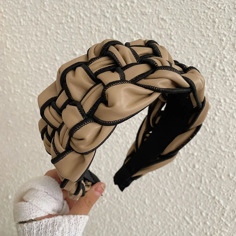 

New PU Leather Headband Wide Handmade Weaving Hairband Women High Level Hair Ornament Solid Head Band Party Headdress Hair Hoop