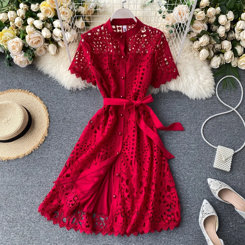 

Hollow Out Elegant Retro Party Mini Dress Women 2021 Summer Slim Simple Sexy Lace Up Stand Collar Vintage Lace Button Mini Dress