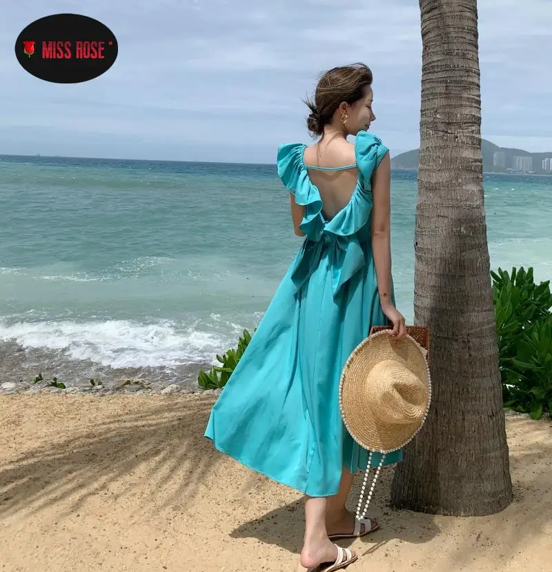 

Beauty Bow Back Beach Holiday Boho Dresses Women Lady Summer Spring Cape Sleeve Square Neck Dress Bohemian Pleated Blue Dress