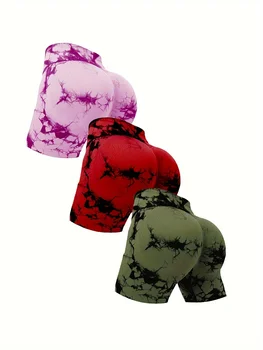 3pcs women's sports waist tightening and hip lifting fitness tie dye shorts