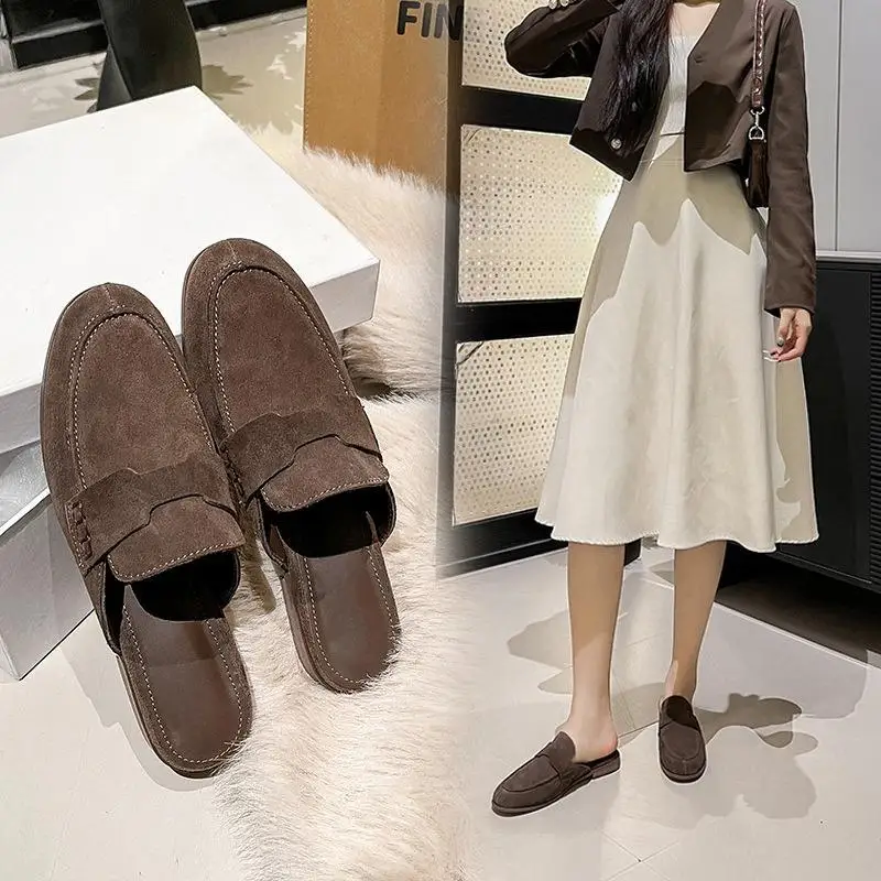 Summer New Muller Shoes Flat Bottom Half Slippers Genuine Leather Baotou Women's Shoes