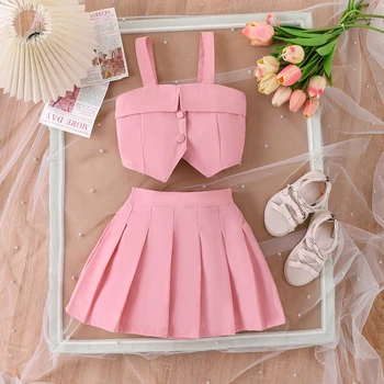 2PCS Summer New Style Girls 2-7 Years Old Sweet And Comfortable Suspender Top + Pleated Skirt 1