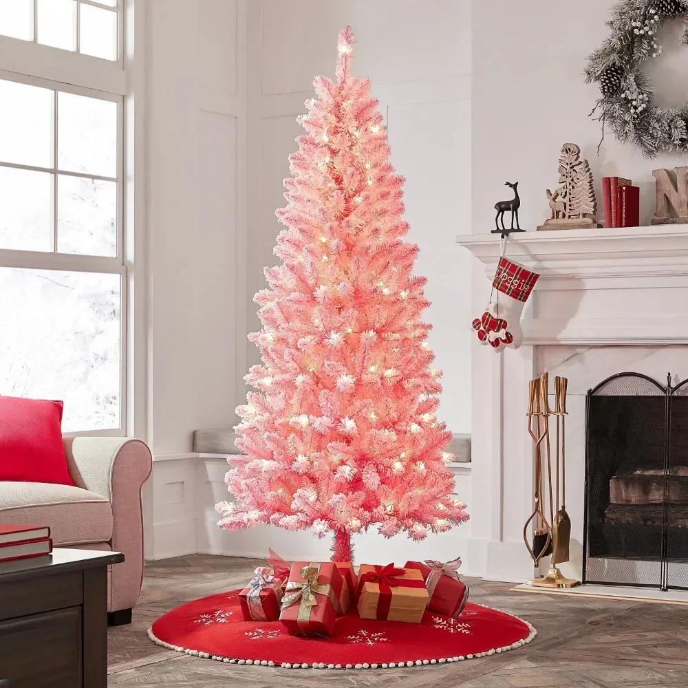 

Christmas tree Pre-Lit Pink Flocked Pine Artificial Christmas Tree 200 Clear Lights Decoration Free Shipping Decorations Decor
