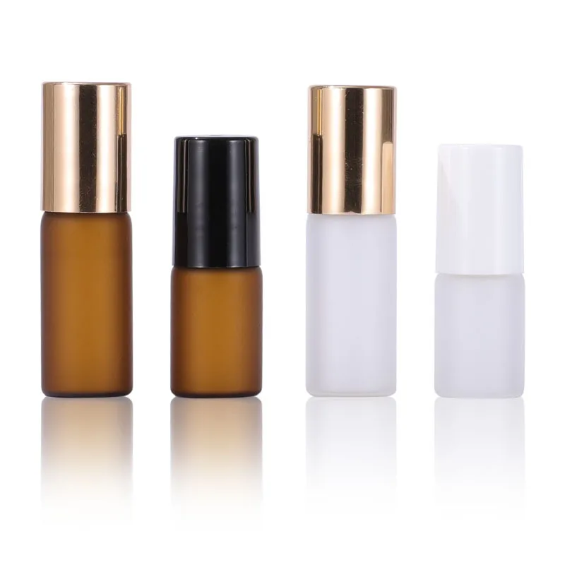 젖빛 앰버 투명 향수 유리 롤 병 3ml 5ml 10ml, 금속 볼 브라운 롤러 에센셜 오일 바이알 50 개