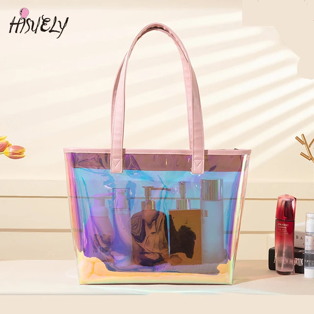 2Pcs Clear Laser Tote Bag Set, Trendy PVC Shoulder Bag With Inner Pouch,  Women's Holographic Travel Beach Bag