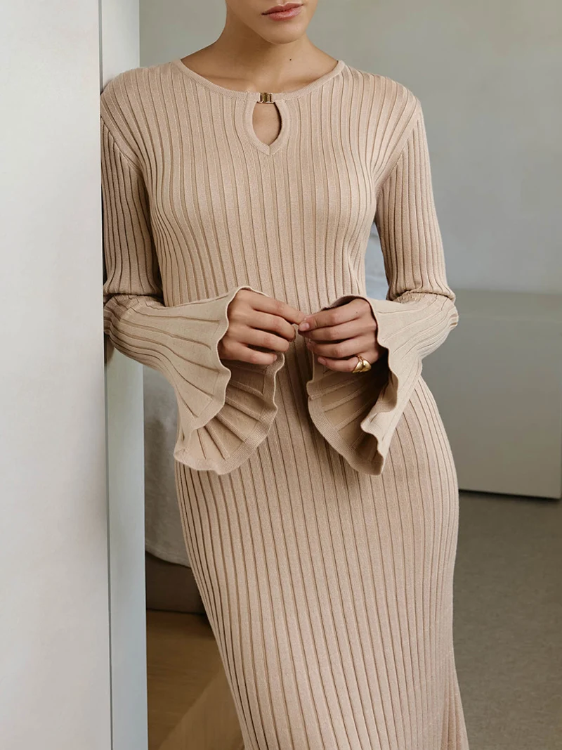 Elegant Knitted Midi Sweater Dress - Womens Long Sleeve Autumn Winter Party Dress