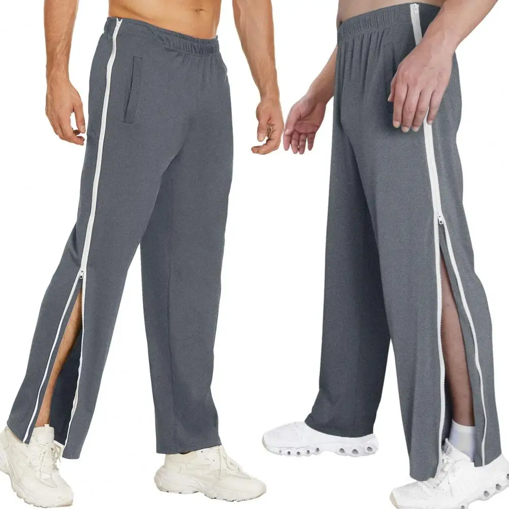 Description Picture 6 of itemMen Sweatpants Elastic Waistband Pockets Splicing Color Mid-Rise Long Trousers Wide Leg Side Zipper Tear Away Basketball Pants