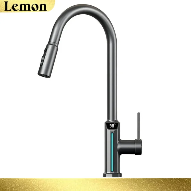 ก๊อกน้ำตก LED สีเทาปืนพร้อมจอแสดงผลอุณหภูมิดิจิตอลแบบดึงได้ห้องครัว/อ่างล้างหน้าห้องน้ำผสมก๊อกน้ำอ่างล้างหน้าร้อน/เย็น 6