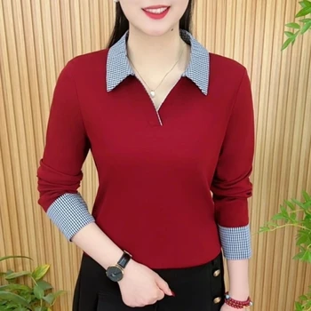 Camicetta patchwork scozzese con colletto polo da donna Top primaverili da ufficio slim fit versatili in due pezzi finti