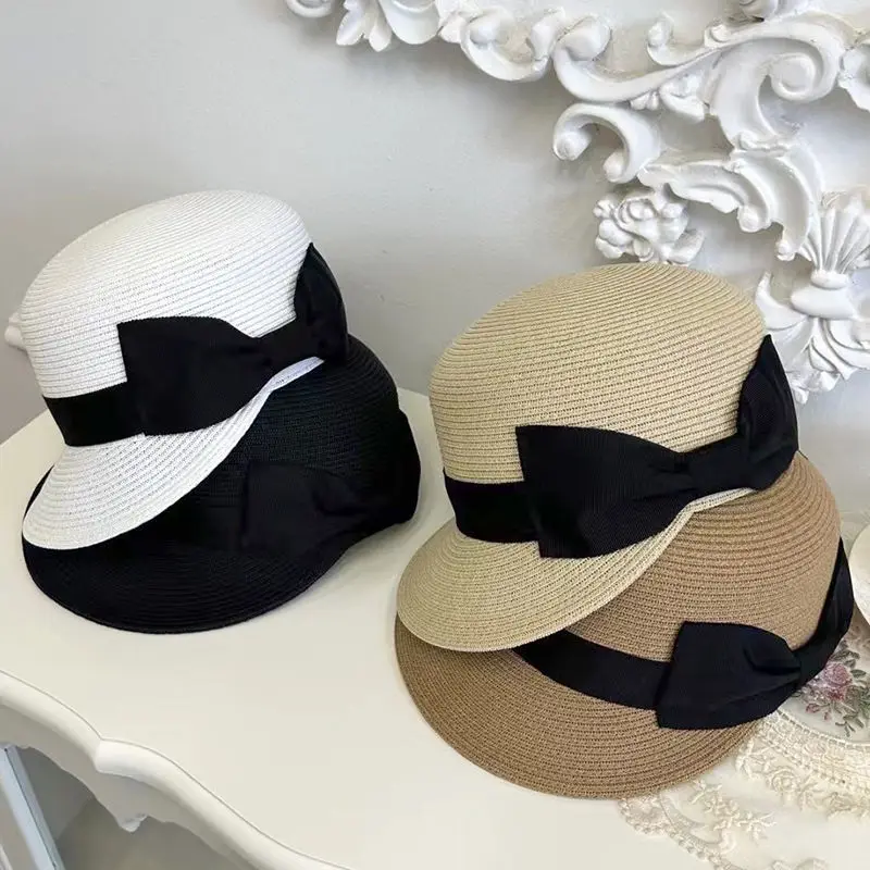 

Summer women's day casual breathable bow flat top equestrian straw hat duck hat sunshade hat
