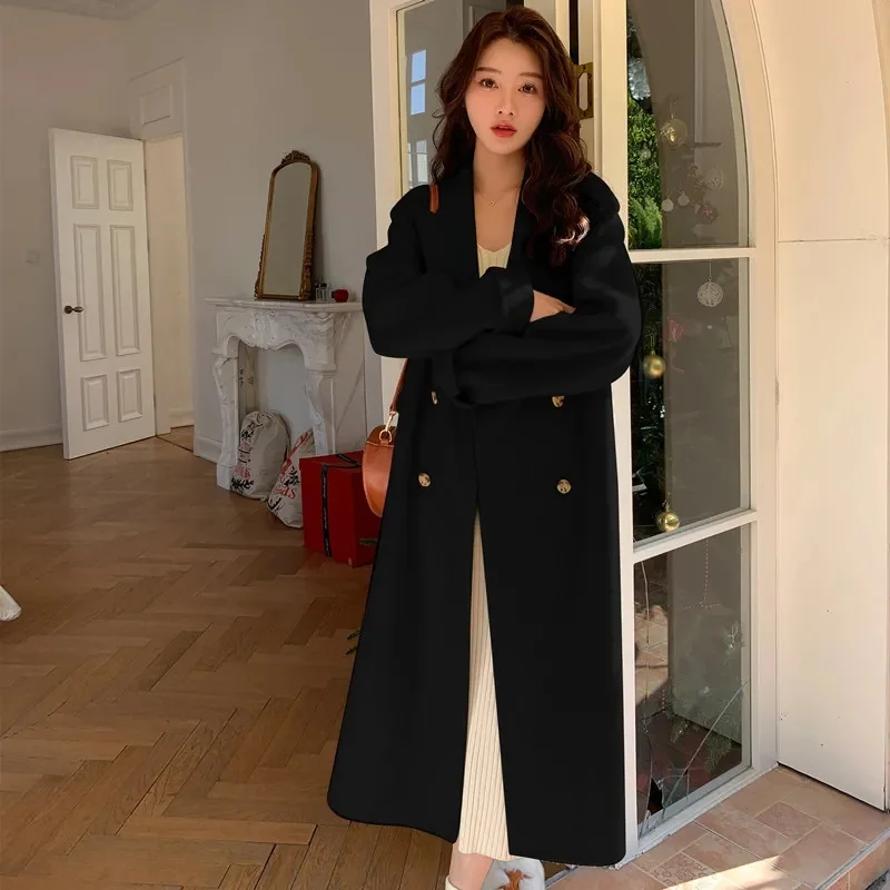 Rice White Double-Sided Cashmere Coat For Women 2023 Spring Autumn New Korean Version of the Long Hepburn Wind Loose Wool Coat
