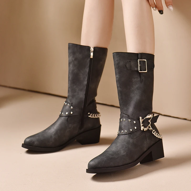 Shoes for Women 2023 High Quality Mid-Calf Women's Boots Fashion Belt Buckle Modern Boots Women  New Side Zipp Shoes for Women