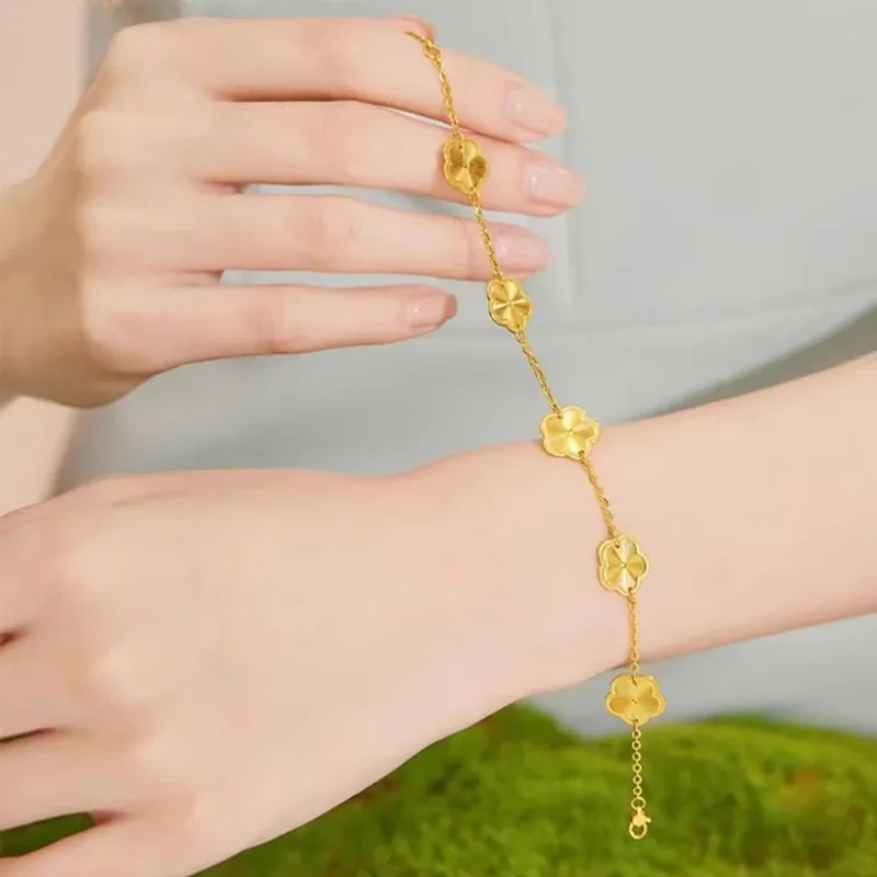 

Real 18K Gold Lucky Five Leaf Grass Bracelet AU750 Non Demolding Women's Versatile Gold Flower Handicraft Boutique Jewelry