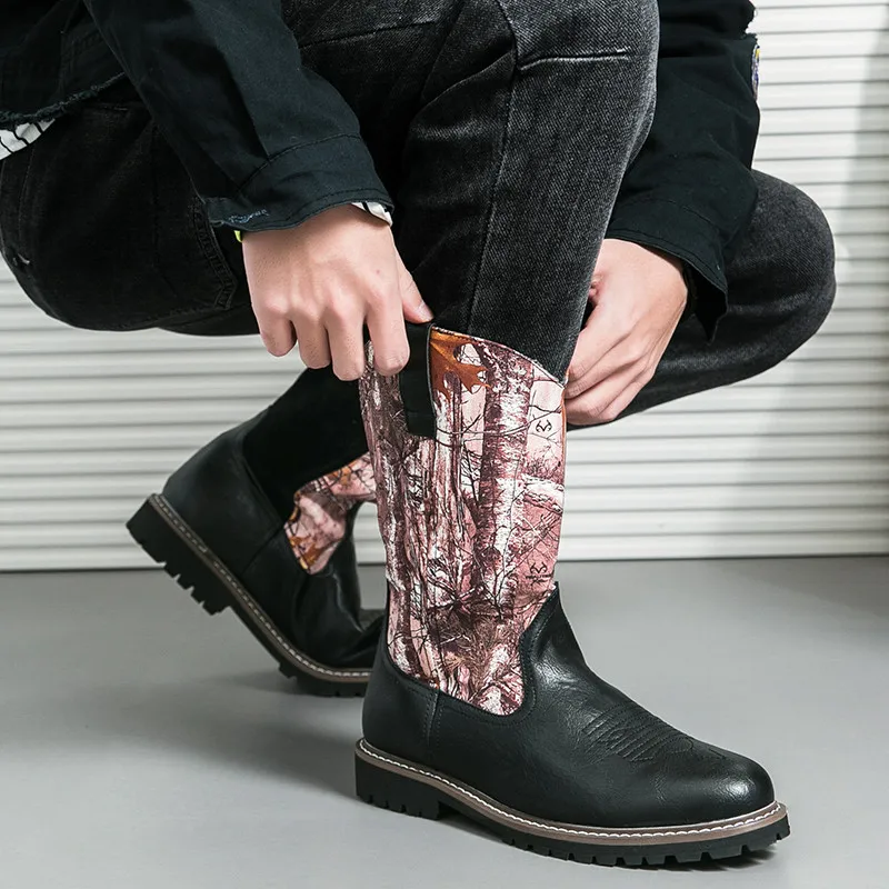 Personalized Design Brown Men Cowboy Boots Fashion Printing Men's Western Boots Long Leather Motorcycle Boots Man Big Size 46