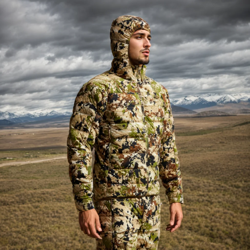 Ainfad 남성용 라이트 다운 재킷, 위장 낚시 및 사냥 세트, 겨울