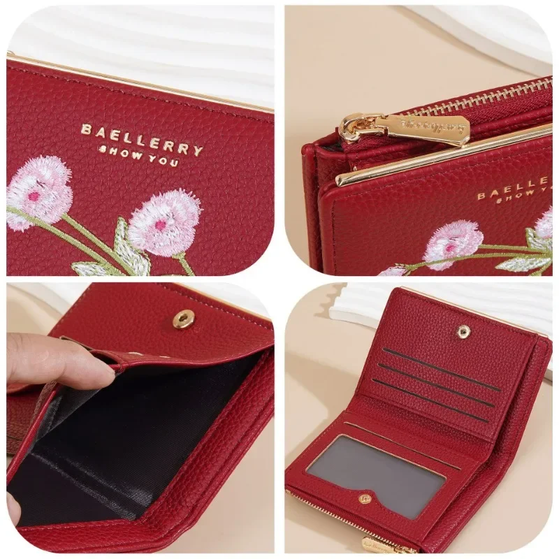 Women's Wallet Short Style PU Embroidered Zipper Zero Wallet Multi Card Storage Bag Coin Pocket Purses