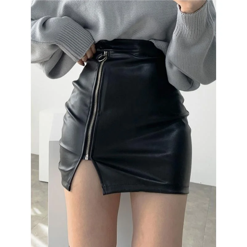 

Zipper Slit Black Leather Skirts for Women Gothic Elegant High Waist Streetwear Sexy Short PU Korean Fashion Vintage Kpop