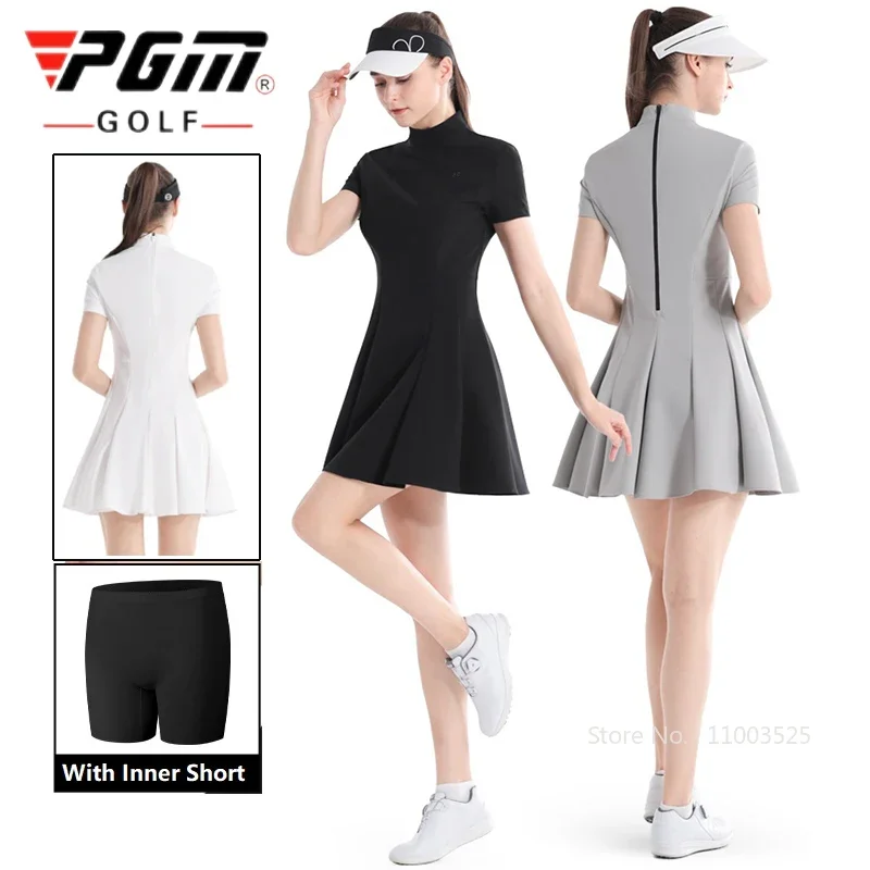 Pgm Golf Wear Women's Short Sleeve Ruffle Dress Outdoor Breathable High Waist Dresses Lady Korean Style Anti-exposure Skirt