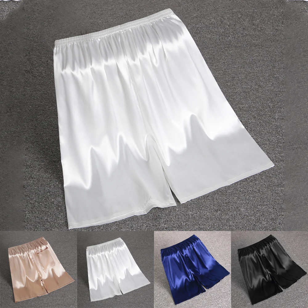 Herren-Pyjama aus Seidensatin mit elastischer Taille, weiche Shorts, Nachtwäsche, Taschenhöschen, Hose, Bermuda, schnell trocknende Strandshorts, männliche Jogginghose – Detail 1