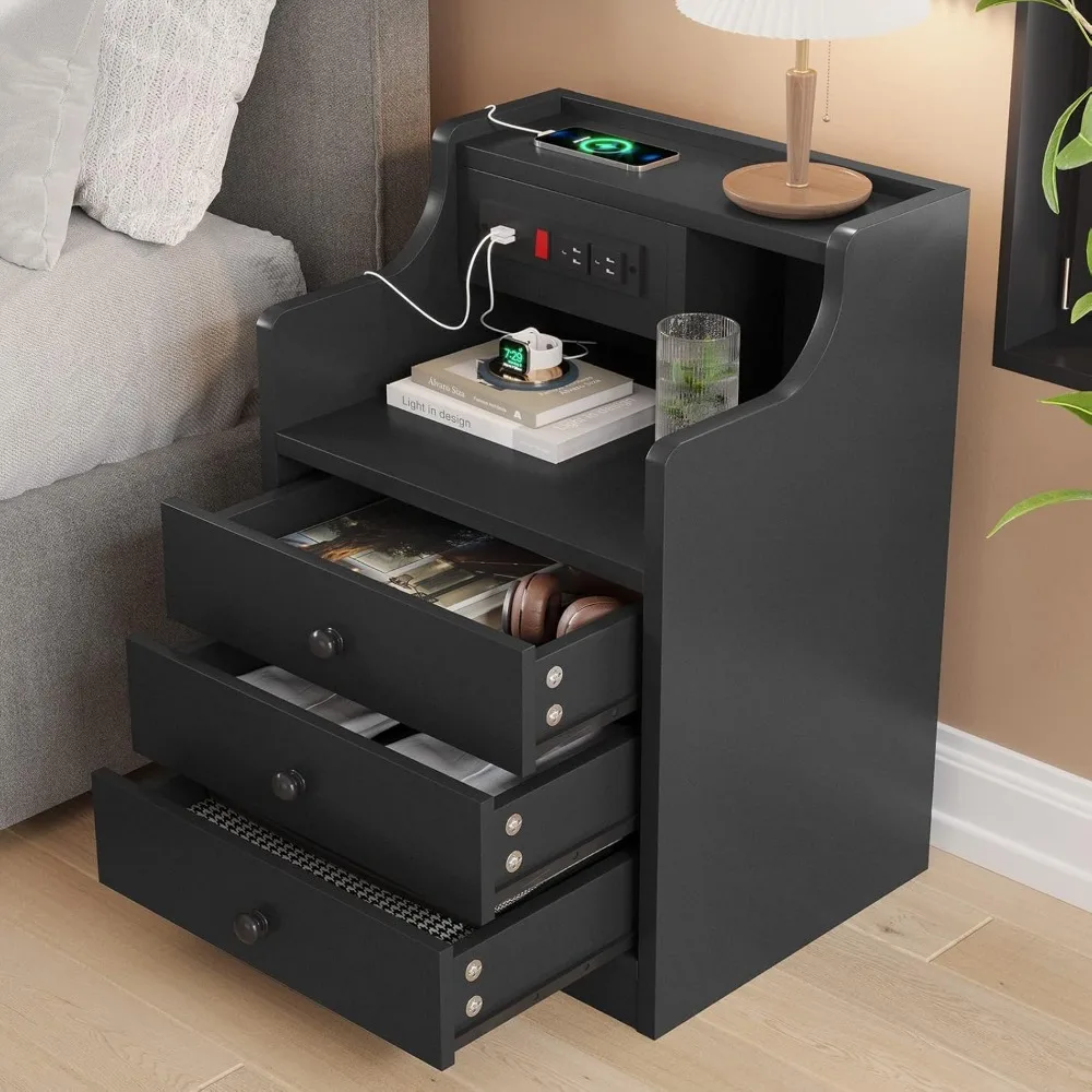 Bedside Table Set of 2 with Charging Station and Storage, Bedroom Bedside Table Set of 2 4