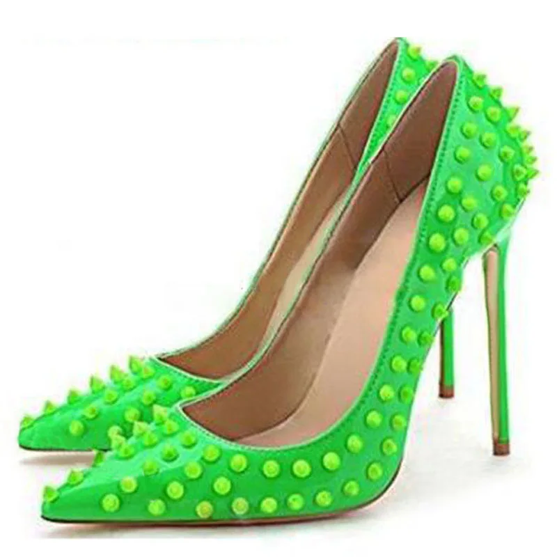 

Chic Friut Green Patent Leather Rivets Studs Pumps Female Wedding Shoes Evening Party Full Metal Spikes Pointed Toe High Heels