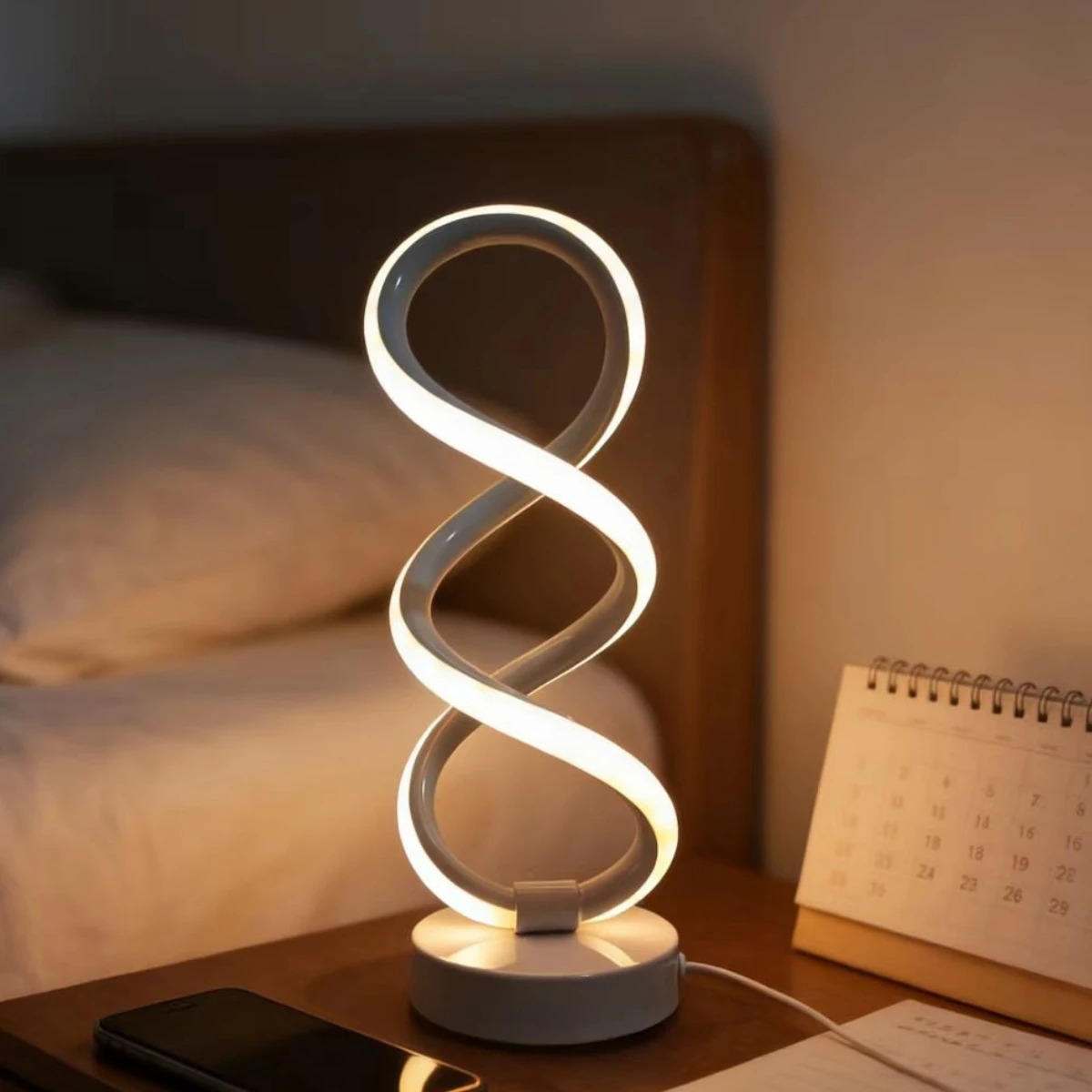 우아한 나선형 책상 램프, 모던한 북유럽 스타일, USB 조절식 밝기, 침실과 거실에 적합한 LED 야간 조명